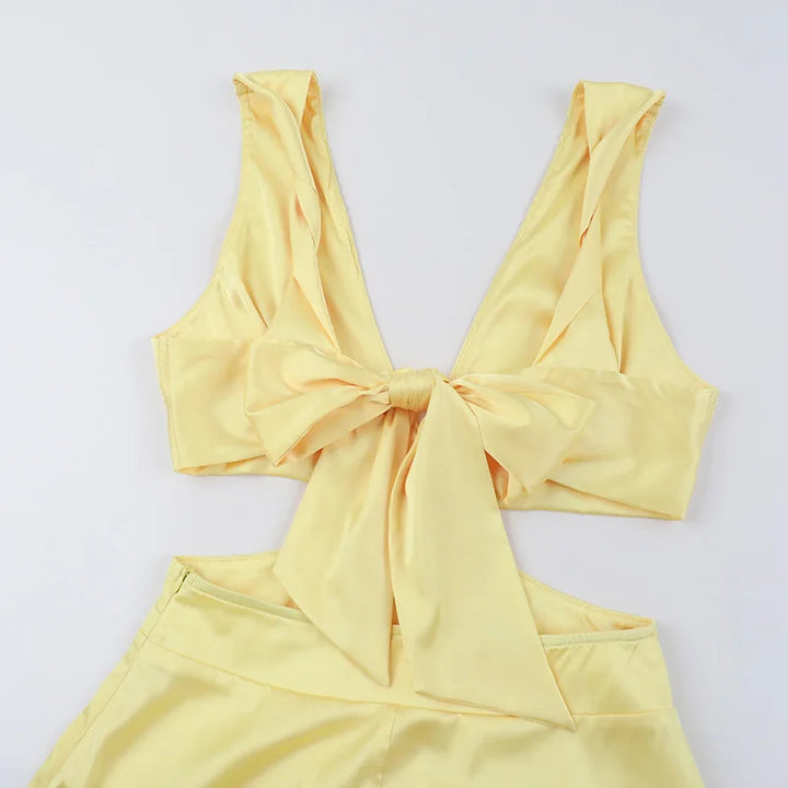 Women’s Cut-Out Wedding Guest Dress with Plunging V-Neck and Flowing Skirt