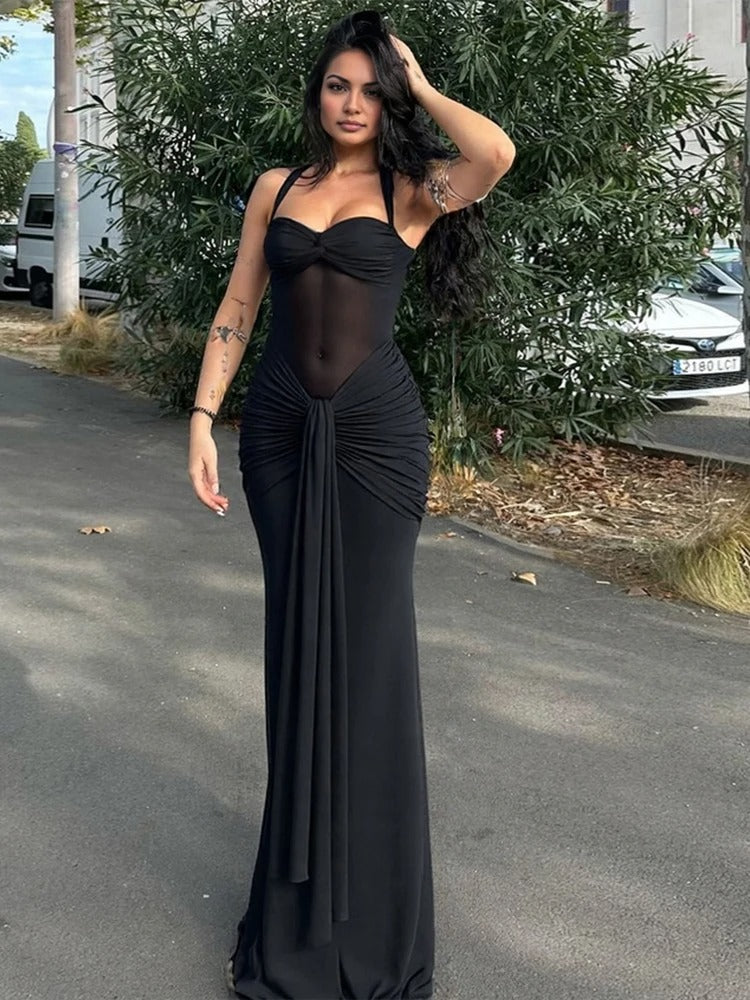 Women's Wedding Guest Dress with Pleated Design and Halter Neckline