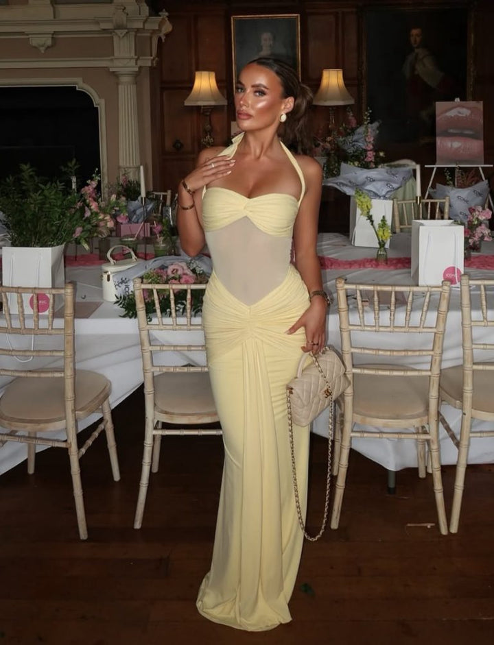 Women's Wedding Guest Dress with Pleated Design and Halter Neckline
