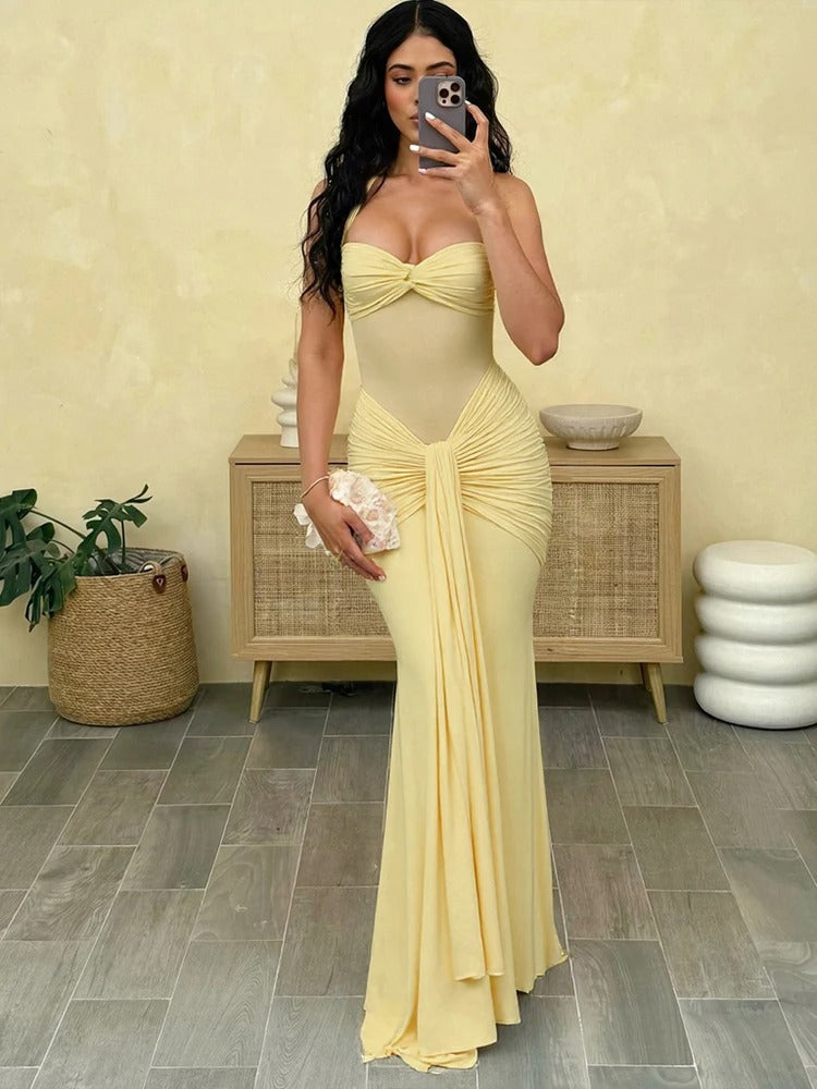 Women's Wedding Guest Dress with Pleated Design and Halter Neckline