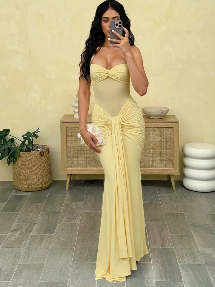Women's Wedding Guest Dress with Pleated Design and Halter Neckline