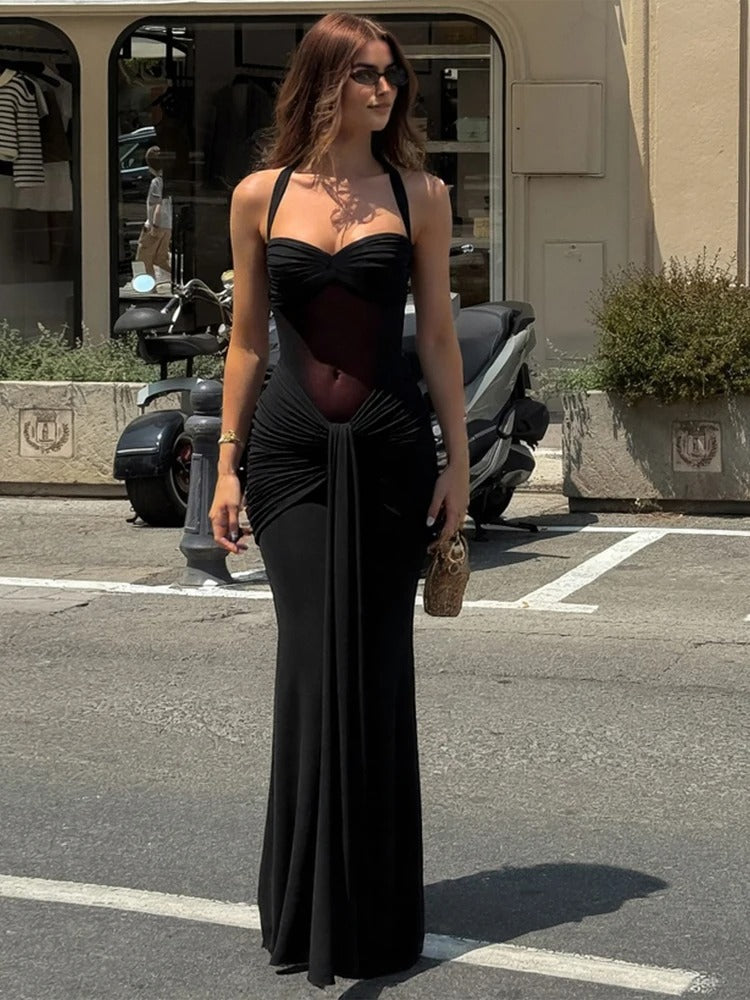 Women's Wedding Guest Dress with Pleated Design and Halter Neckline