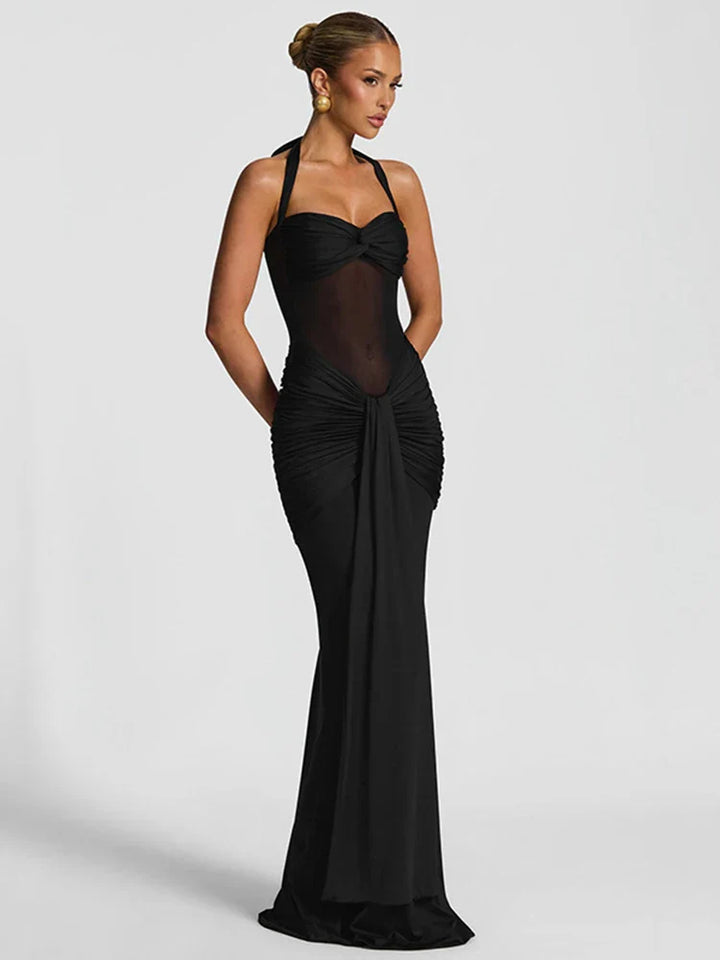 Women's Wedding Guest Dress with Pleated Design and Halter Neckline