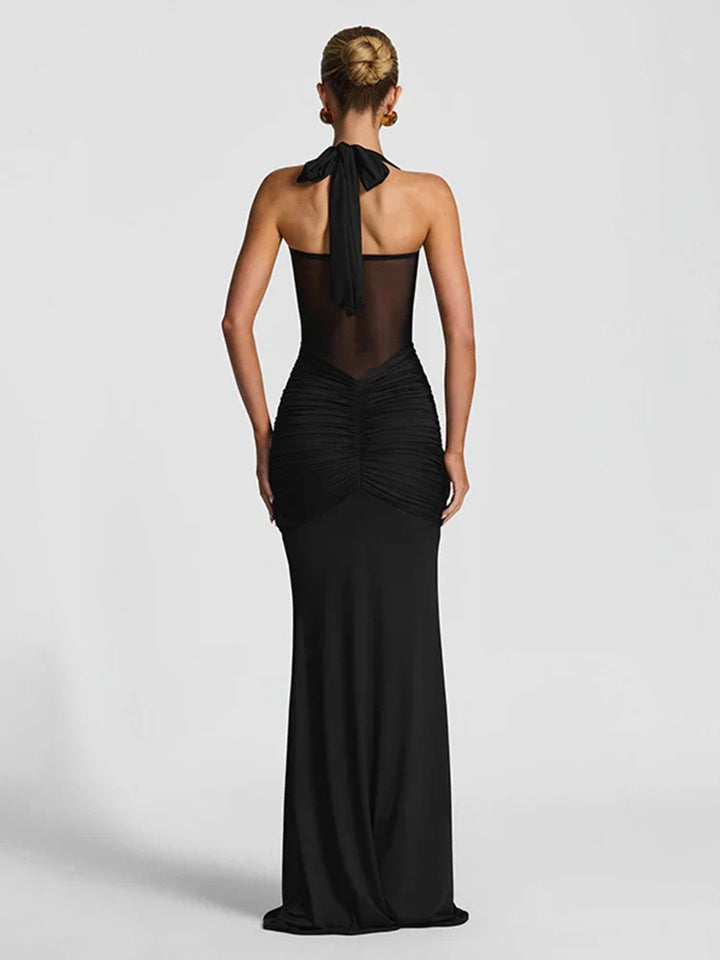 Women's Wedding Guest Dress with Pleated Design and Halter Neckline