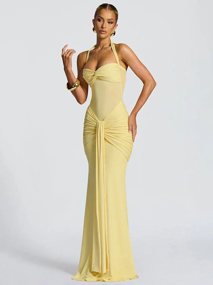 Women's Wedding Guest Dress with Pleated Design and Halter Neckline