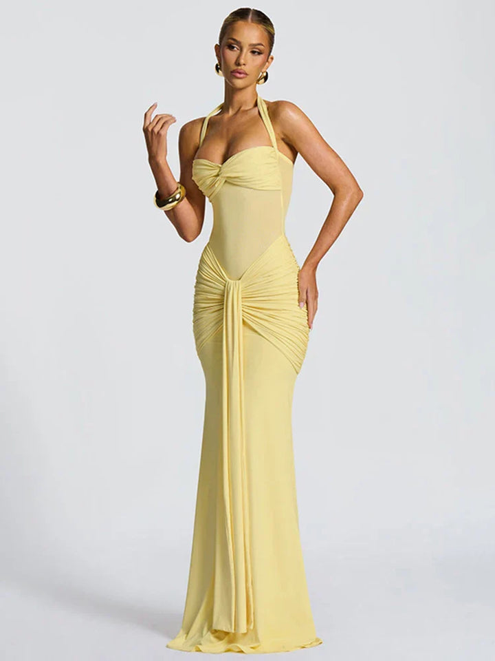 Women's Wedding Guest Dress with Pleated Design and Halter Neckline