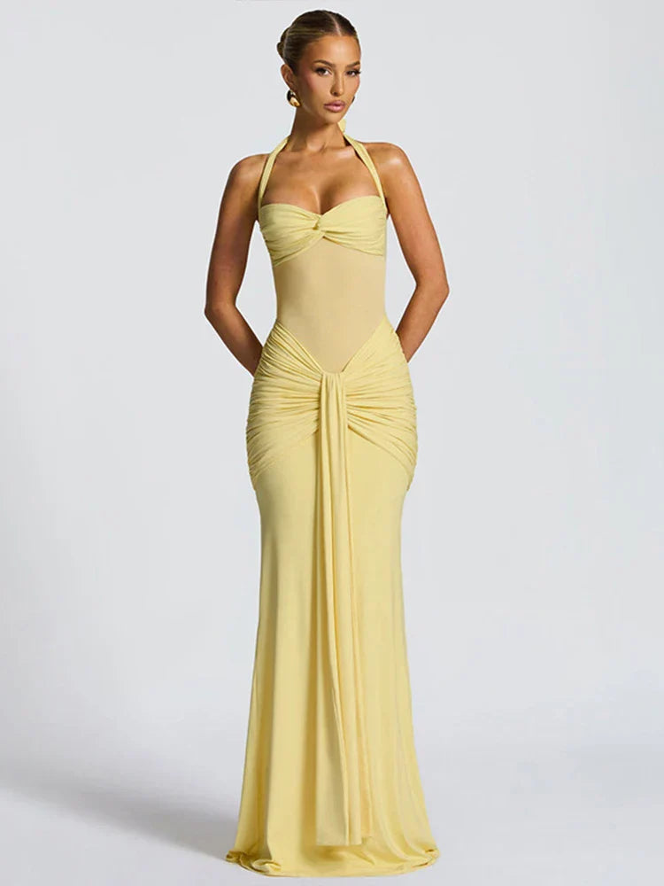 Women's Wedding Guest Dress with Pleated Design and Halter Neckline