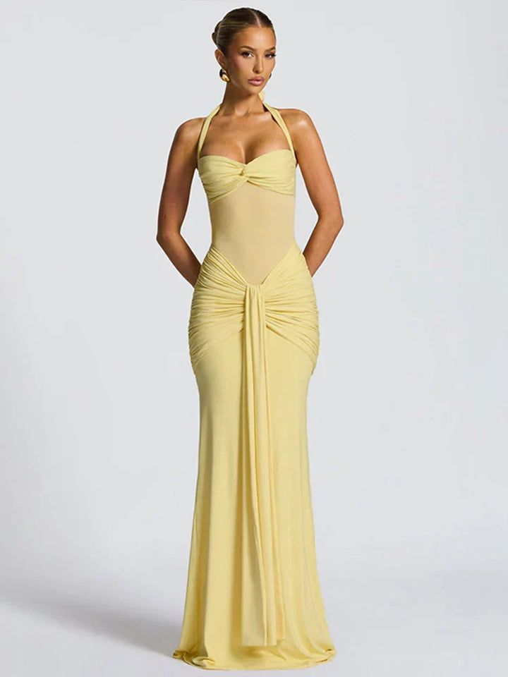 Women's Wedding Guest Dress with Pleated Design and Halter Neckline