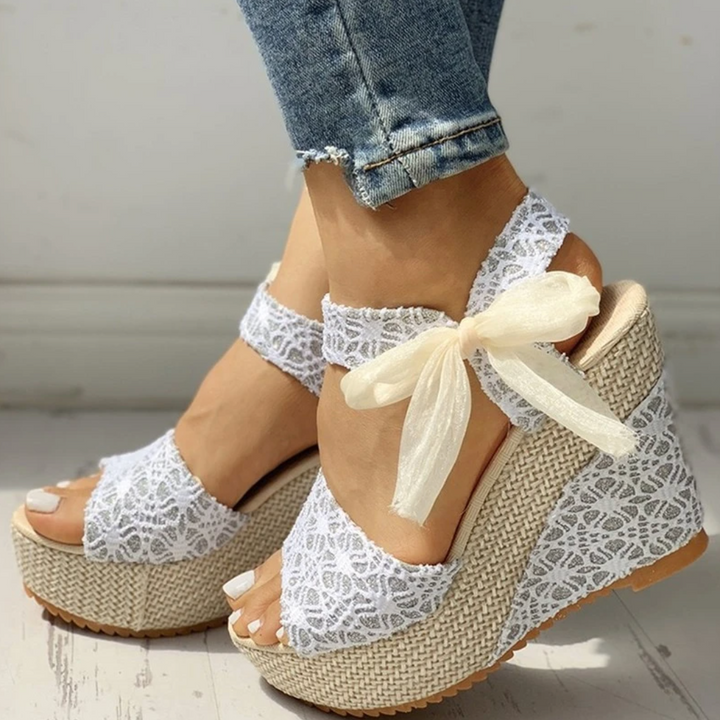 Women’s Espadrille Wedge Sandals with Floral Pattern and Ribbon Bow Tie