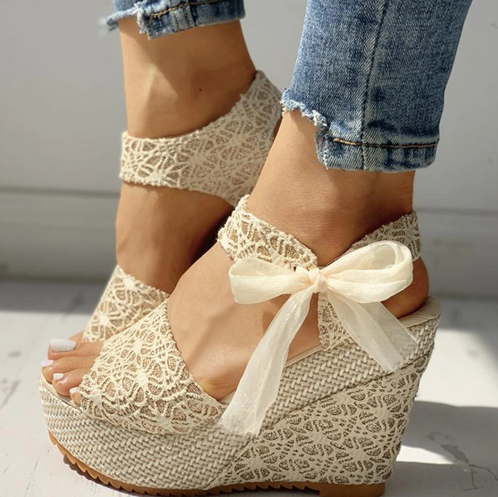 Women’s Espadrille Wedge Sandals with Floral Pattern and Ribbon Bow Tie