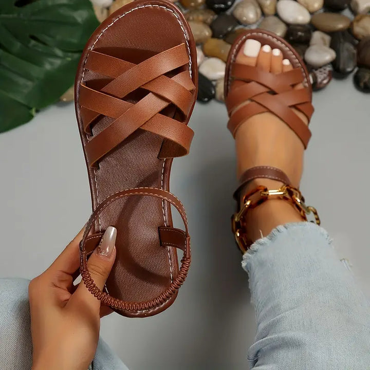 Women's Flat Sandals with Interwoven Straps and Ruched Ankle Band