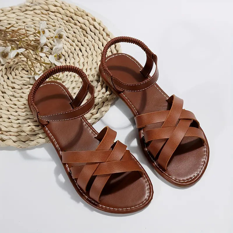 Women's Flat Sandals with Interwoven Straps and Ruched Ankle Band