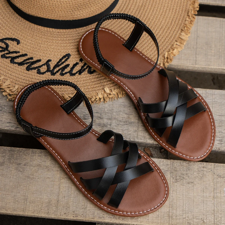 Women's Flat Sandals with Interwoven Straps and Ruched Ankle Band