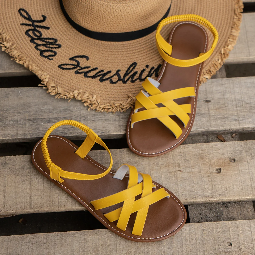 Women's Flat Sandals with Interwoven Straps and Ruched Ankle Band