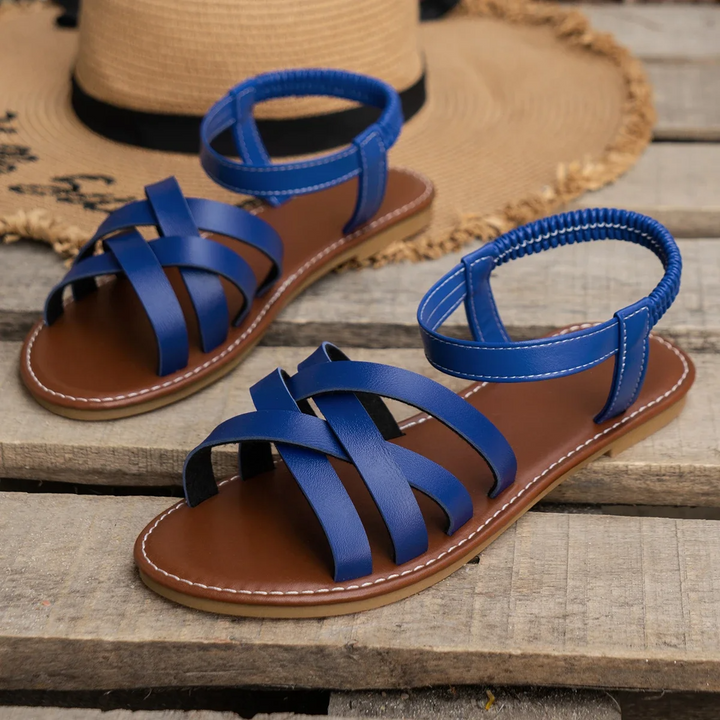 Women's Flat Sandals with Interwoven Straps and Ruched Ankle Band