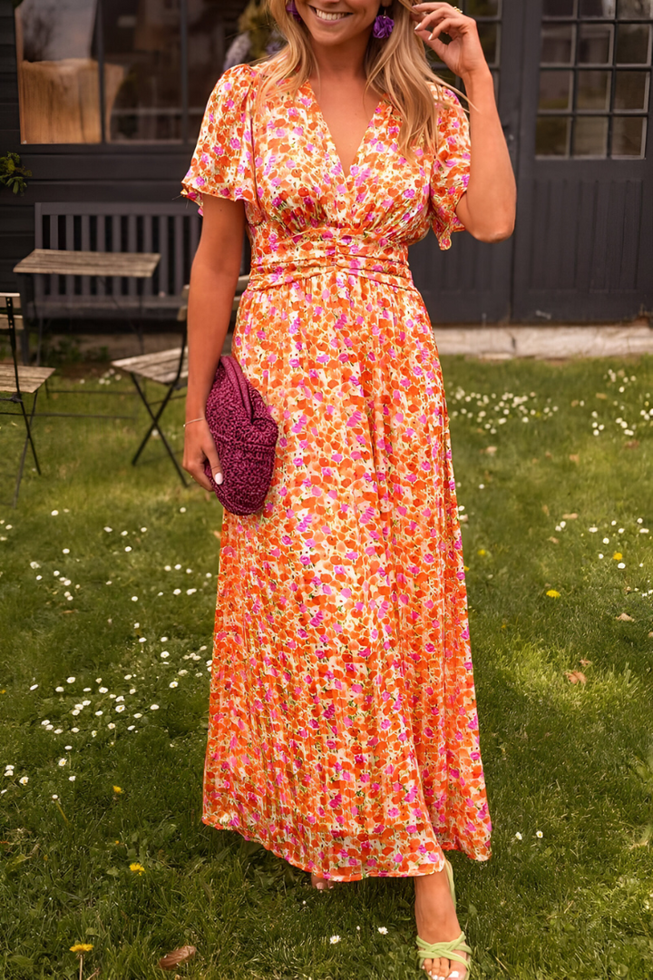 Women's Floral Maxi Dress with V-Neckline and Flutter Sleeves
