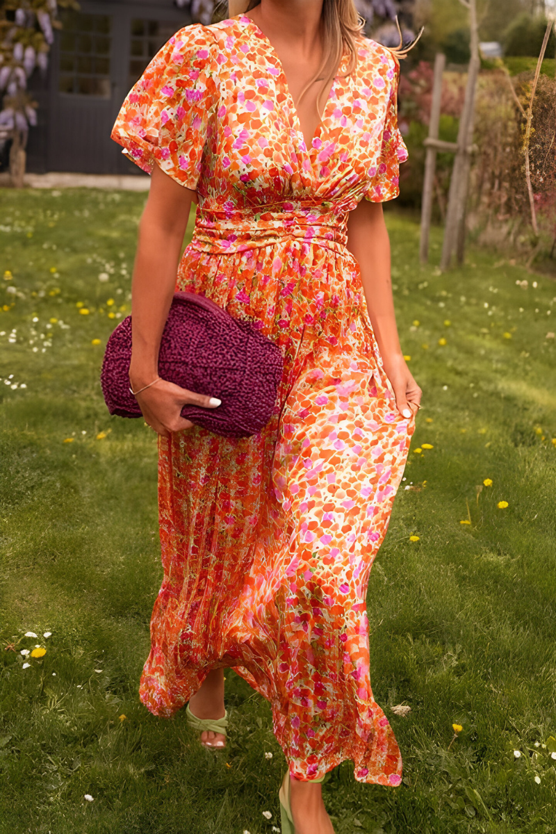 Women's Floral Maxi Dress with V-Neckline and Flutter Sleeves