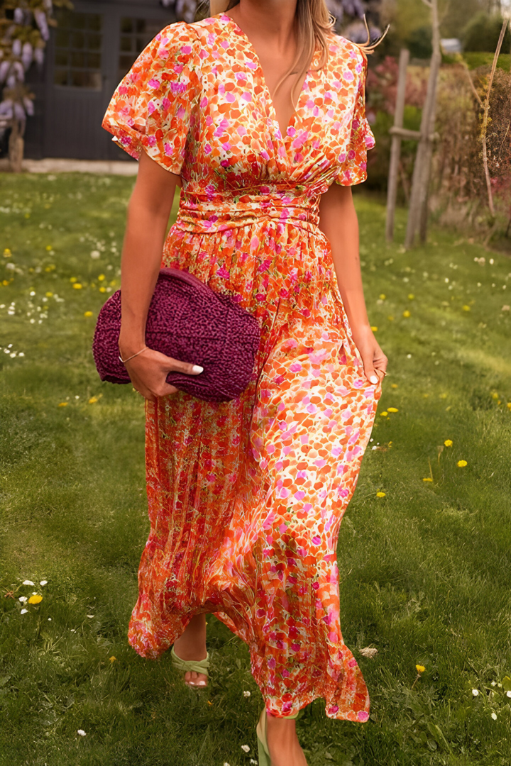 Women's Floral Maxi Dress with V-Neckline and Flutter Sleeves