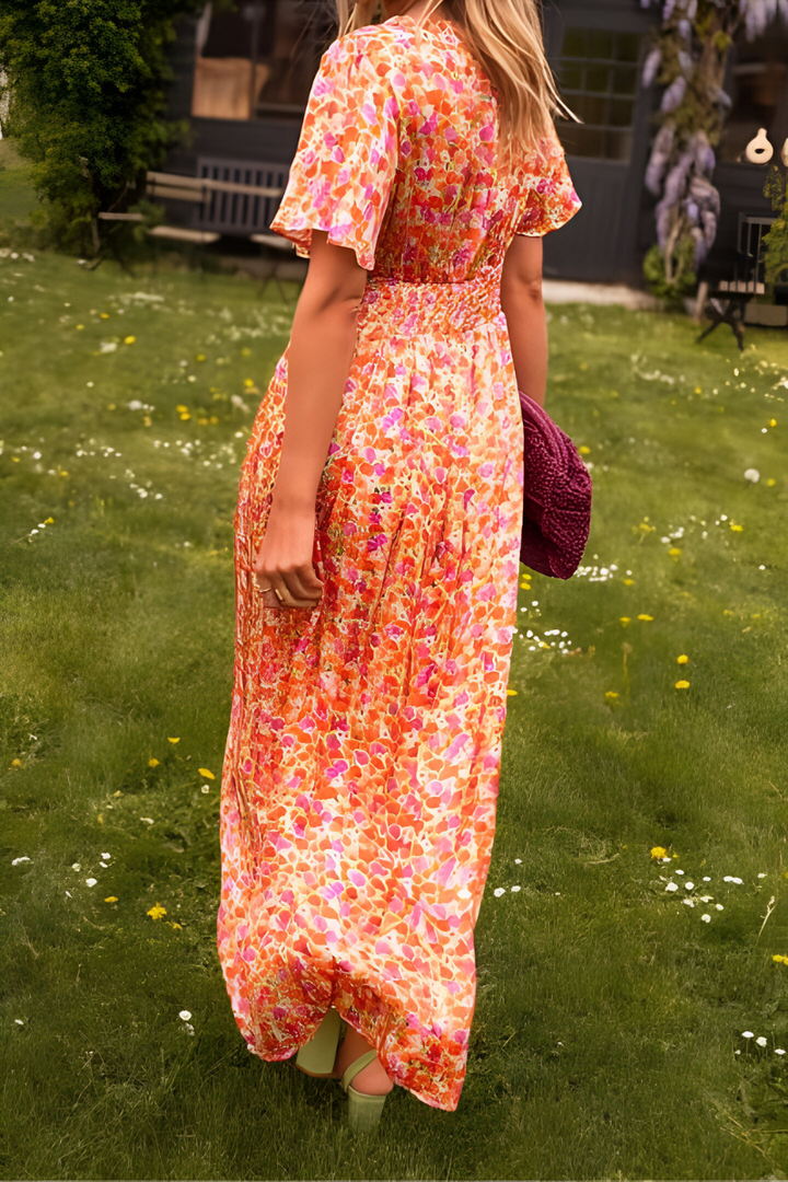 Women's Floral Maxi Dress with V-Neckline and Flutter Sleeves