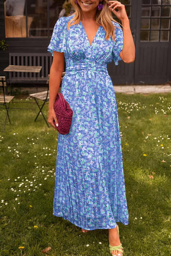 Women's Floral Maxi Dress with V-Neckline and Flutter Sleeves