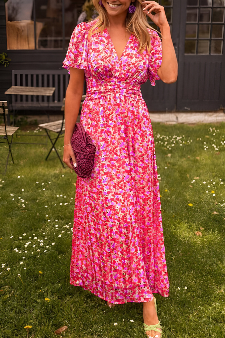 Women's Floral Maxi Dress with V-Neckline and Flutter Sleeves