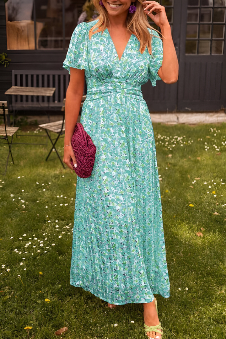 Women's Floral Maxi Dress with V-Neckline and Flutter Sleeves