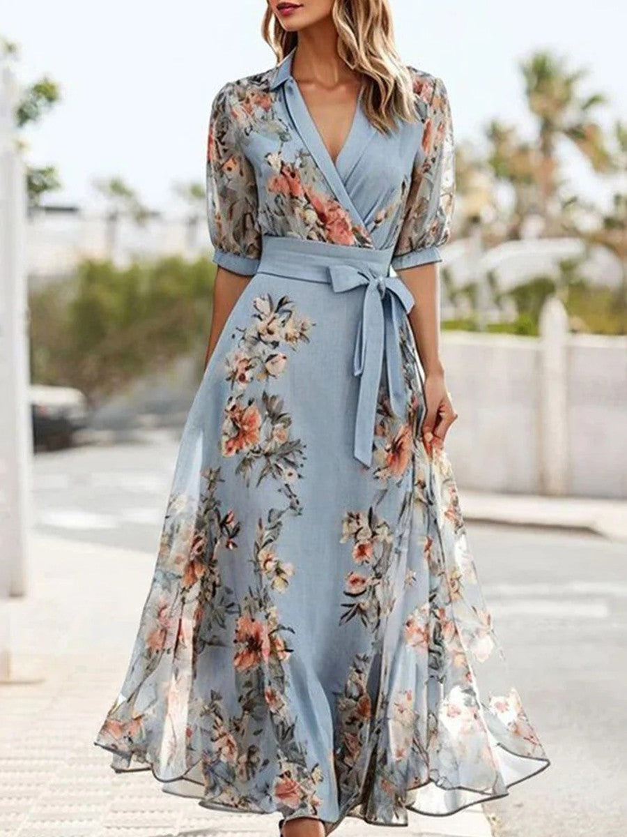 Women's Floral Maxi Dress with Wrap Neckline and Belted Waist