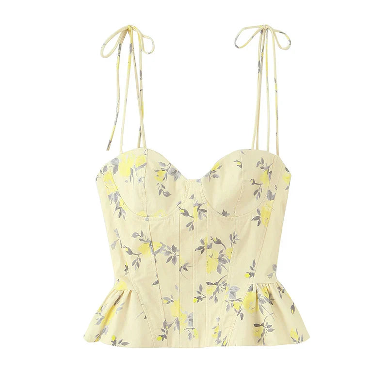 Women's Floral Print Peplum Top with Tie Straps and Sweetheart Neckline