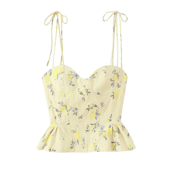 Women's Floral Print Peplum Top with Tie Straps and Sweetheart Neckline
