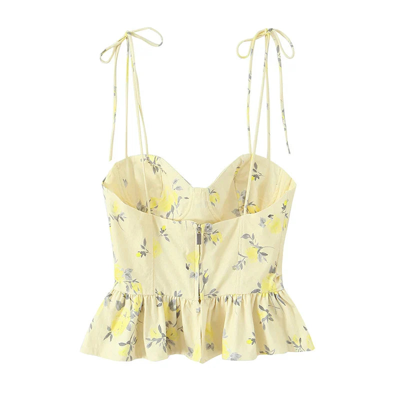 Women's Floral Print Peplum Top with Tie Straps and Sweetheart Neckline