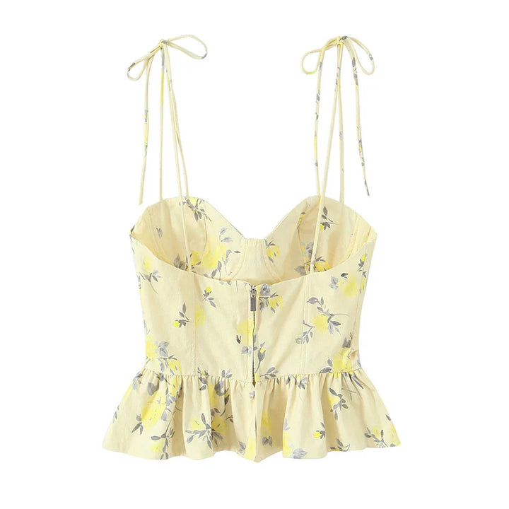 Women's Floral Print Peplum Top with Tie Straps and Sweetheart Neckline