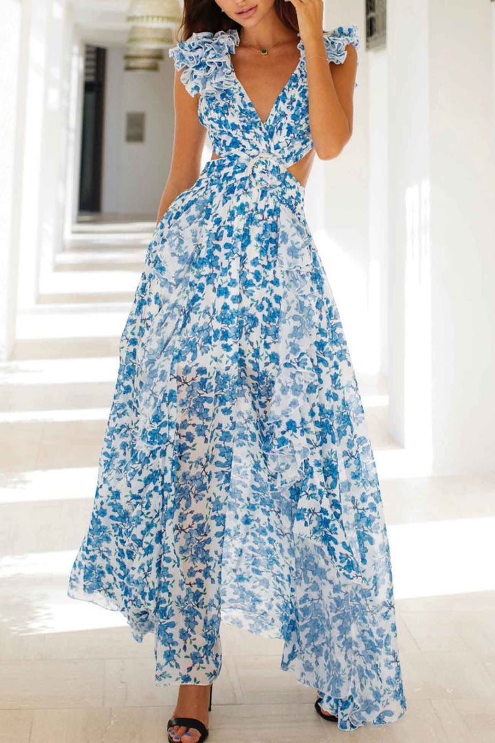 Women's Floral Ruffle Sleeve Maxi Wedding Guest Dress with Deep V-Neck and Side Cut-Outs