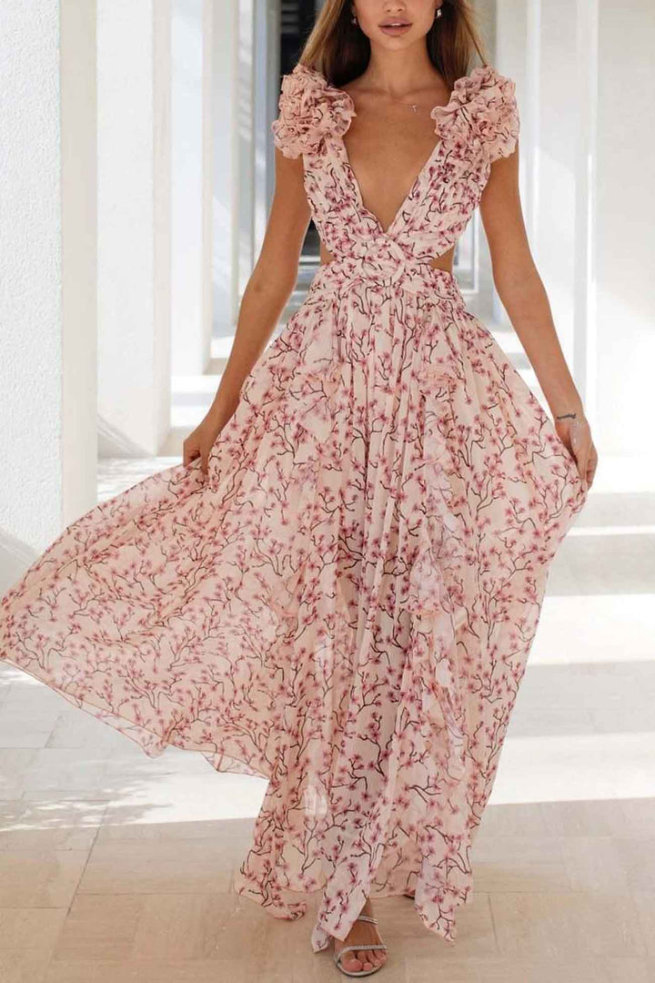 Women's Floral Ruffle Sleeve Maxi Wedding Guest Dress with Deep V-Neck and Side Cut-Outs