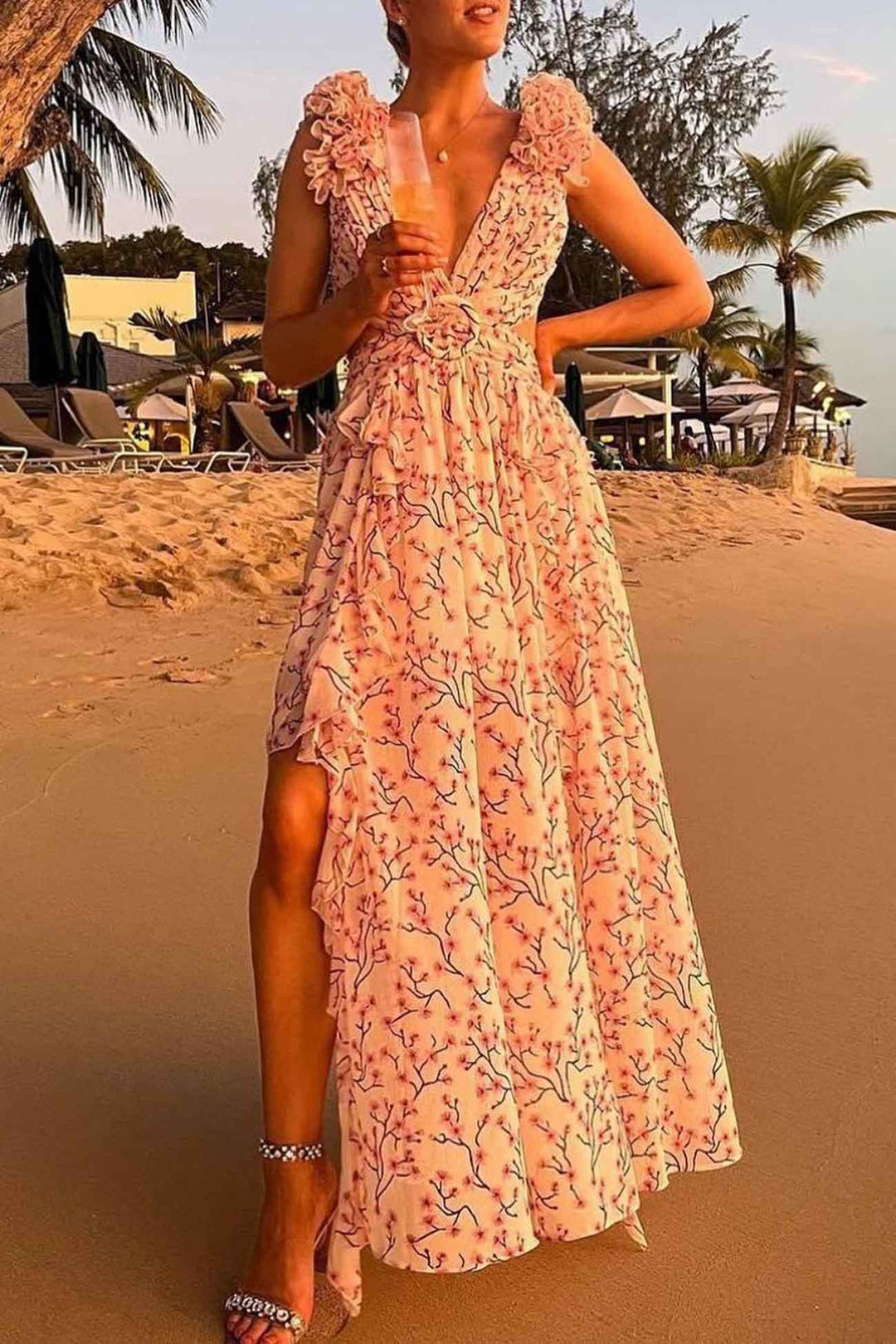 Women's Floral Ruffle Sleeve Maxi Wedding Guest Dress with Deep V-Neck and Side Cut-Outs