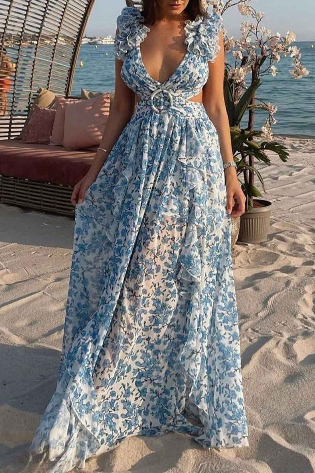 Women's Floral Ruffle Sleeve Maxi Wedding Guest Dress with Deep V-Neck and Side Cut-Outs