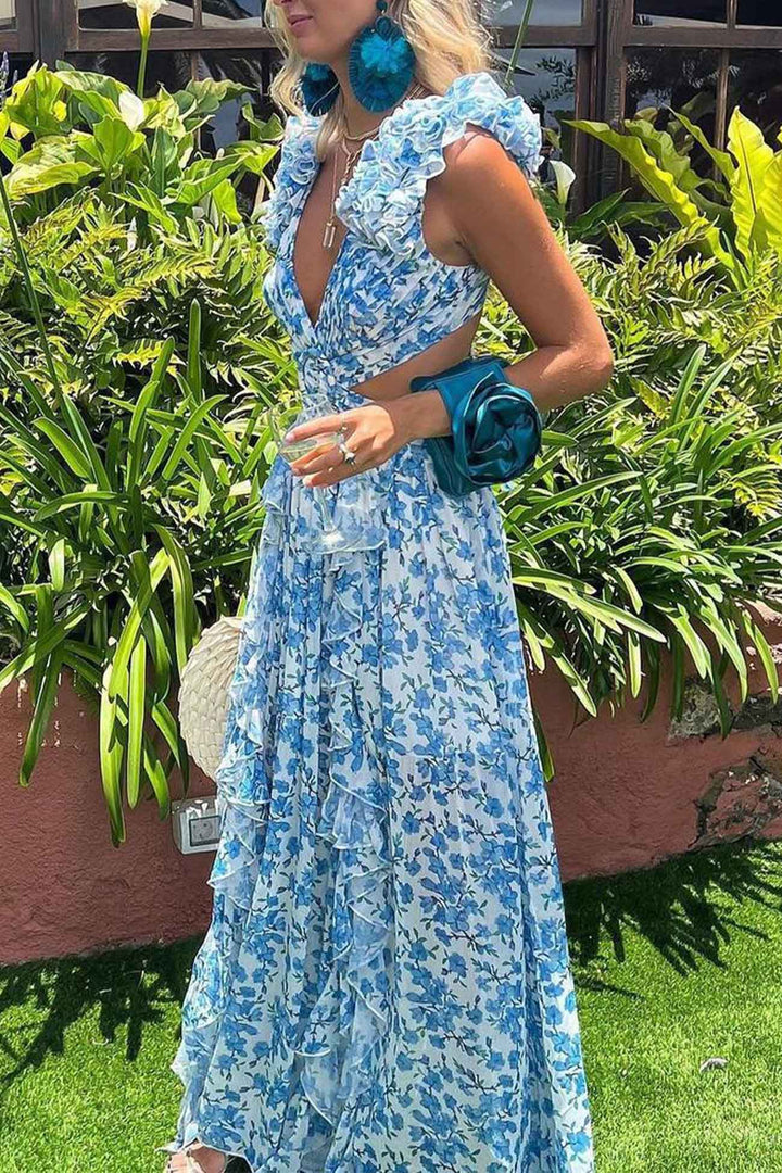 Women's Floral Ruffle Sleeve Maxi Wedding Guest Dress with Deep V-Neck and Side Cut-Outs