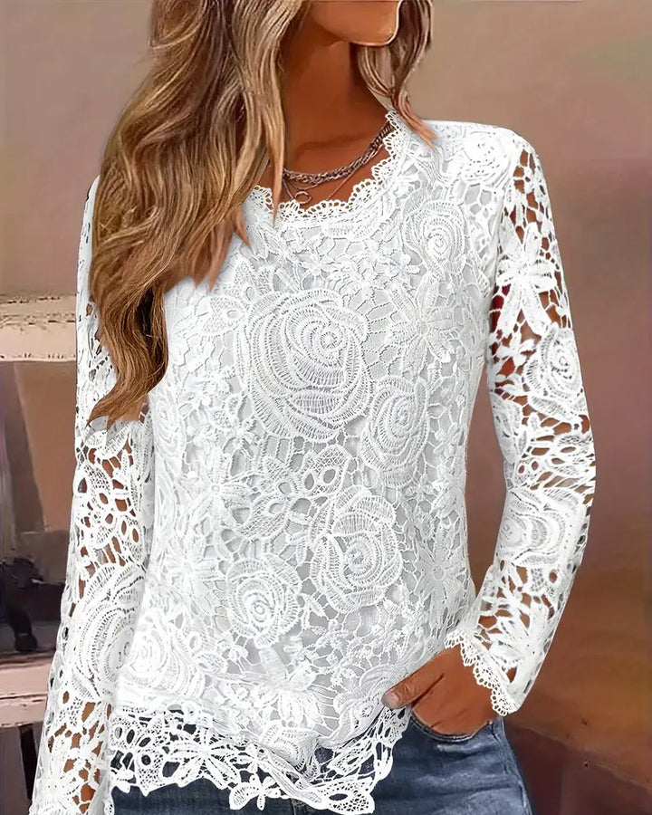 Women’s Floral Scalloped Neckline Blouse with Long Sleeves and Rose Patterns