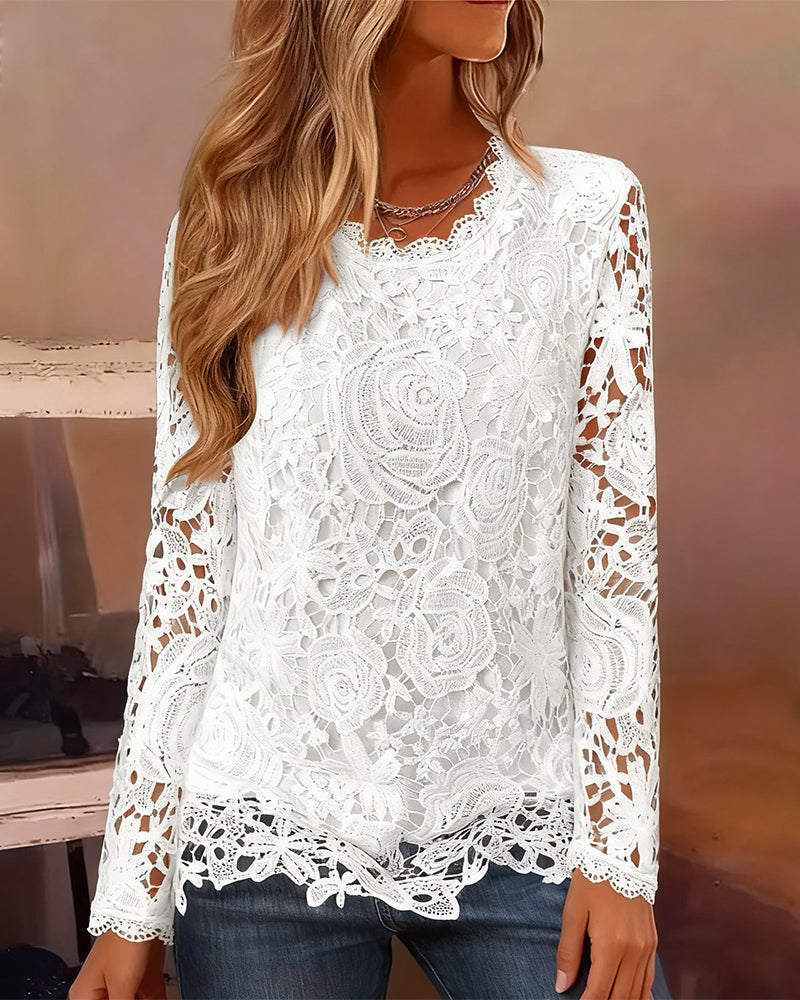 Women’s Floral Scalloped Neckline Blouse with Long Sleeves and Rose Patterns