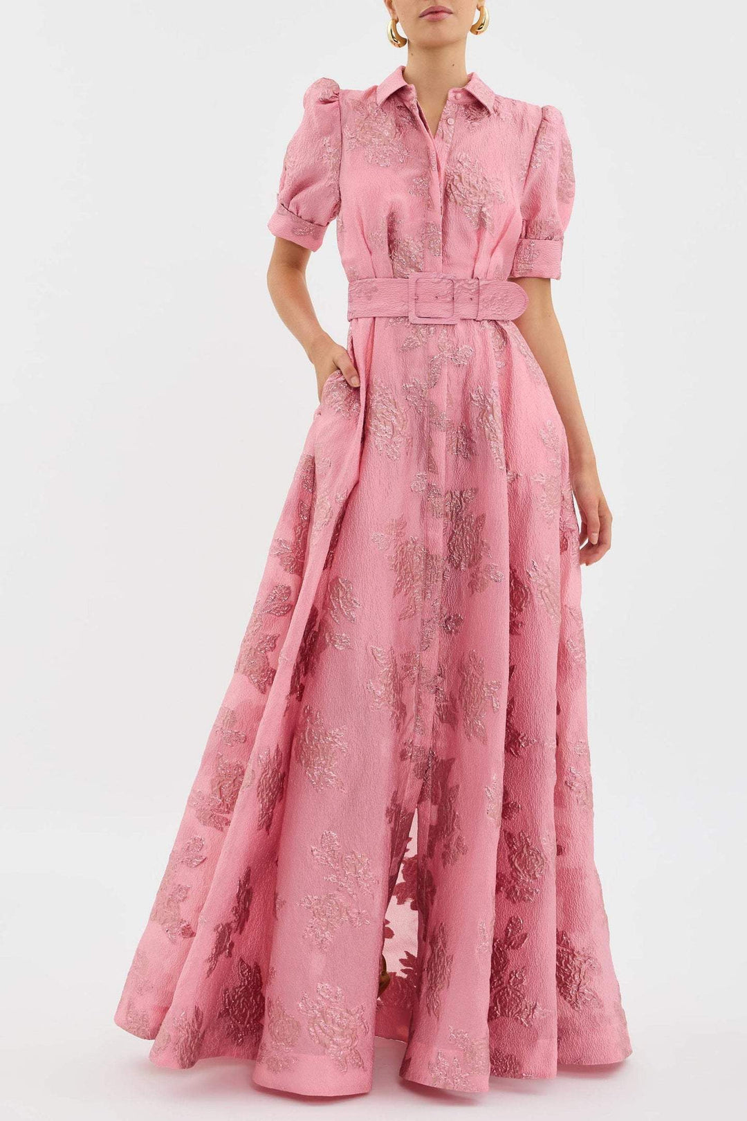 Women's Floral Wedding Guest Dress with Belted Waist and Puff Sleeves