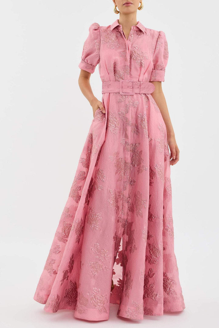 Women's Floral Wedding Guest Dress with Belted Waist and Puff Sleeves