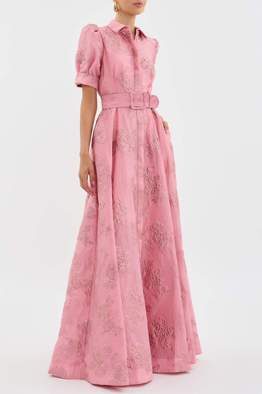 Women's Floral Wedding Guest Dress with Belted Waist and Puff Sleeves