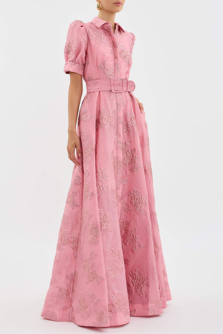 Women's Floral Wedding Guest Dress with Belted Waist and Puff Sleeves