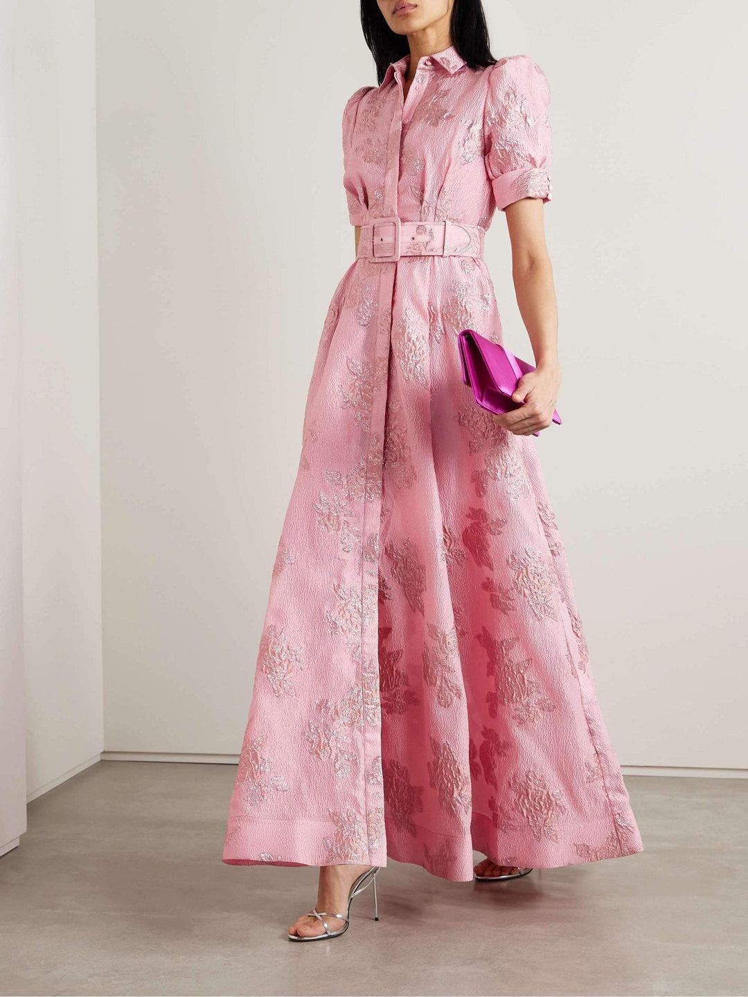 Women's Floral Wedding Guest Dress with Belted Waist and Puff Sleeves