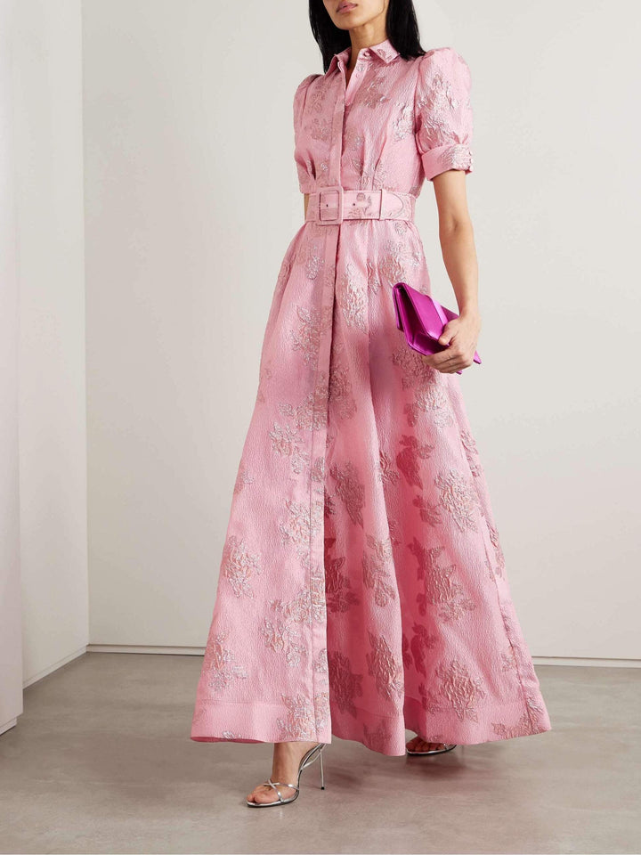 Women's Floral Wedding Guest Dress with Belted Waist and Puff Sleeves
