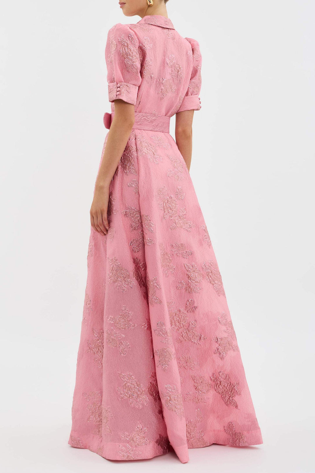 Women's Floral Wedding Guest Dress with Belted Waist and Puff Sleeves