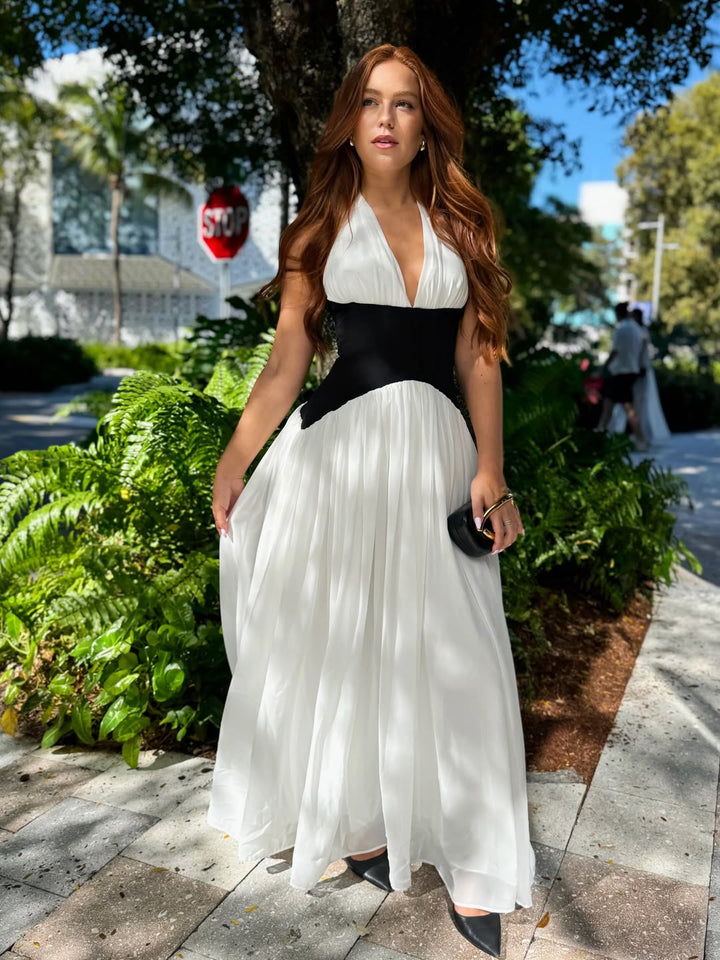 Women's Halter Maxi Wedding Guest Dress with Deep V-Neck and Contrast Color
