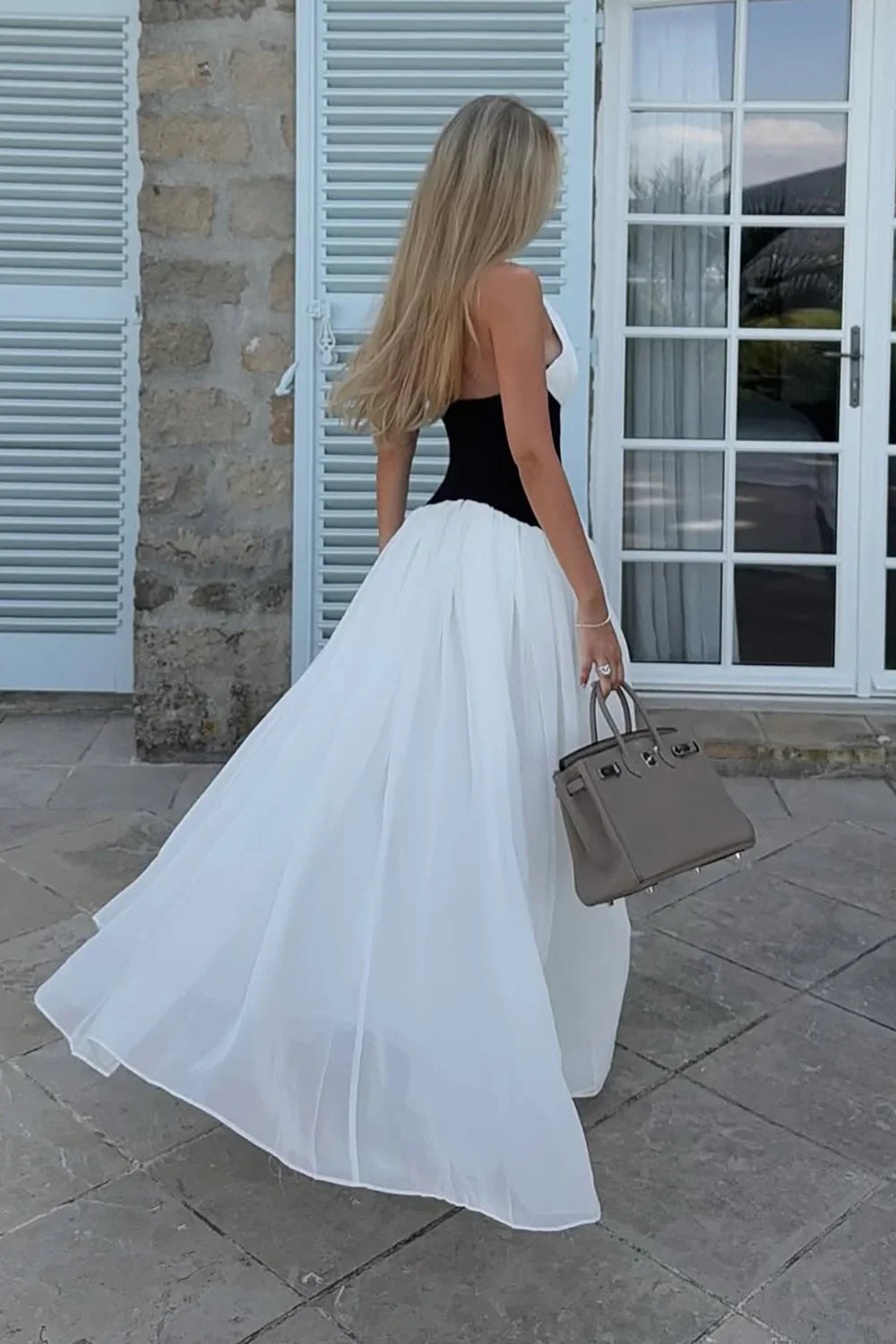 Women's Halter Maxi Wedding Guest Dress with Deep V-Neck and Contrast Color