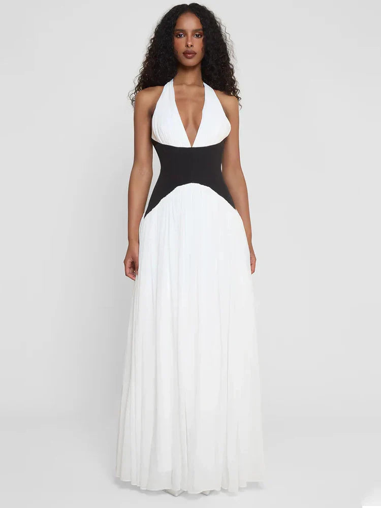 Women's Halter Maxi Wedding Guest Dress with Deep V-Neck and Contrast Color