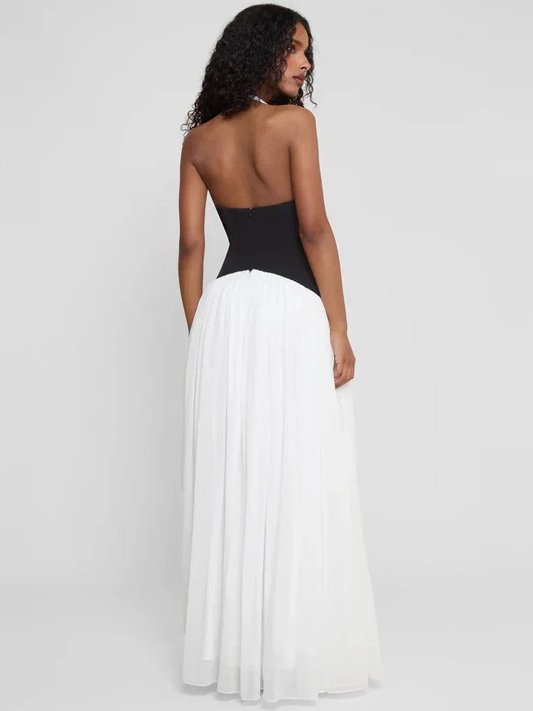 Women's Halter Maxi Wedding Guest Dress with Deep V-Neck and Contrast Color