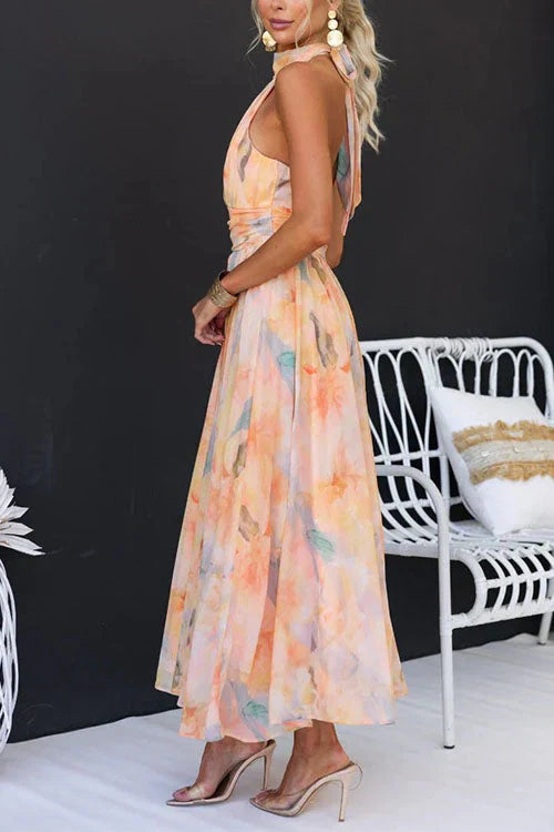 Women’s Halter Neck Maxi Dress with Tie Back and Gathered Waist